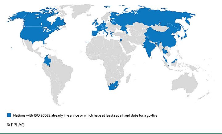 Global map of states with ISO 20022 in live operation or with concrete planning