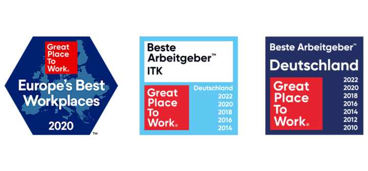 Logos: Europe's Best Workplaces, Beste Arbeitgeber ITK, Beste Arbeitgeber Deutschland