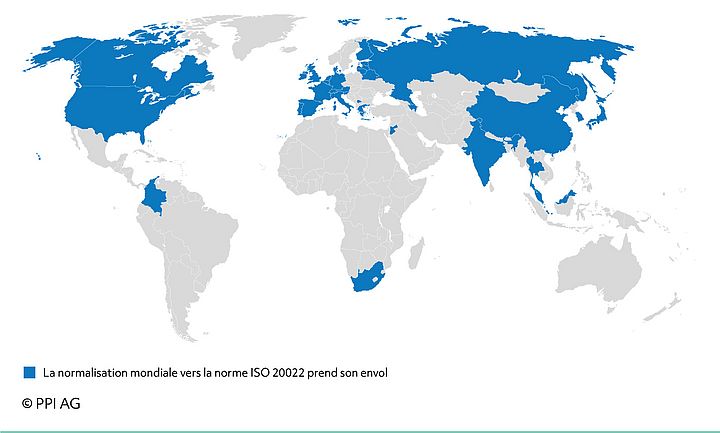 Carte d’ensemble des États avec ISO 20022 en live ou avec une planification concrète.